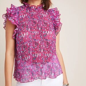 Anthropologie Floral Pink Cottagecore Whimsical Ruffle Romantic Pleated Top